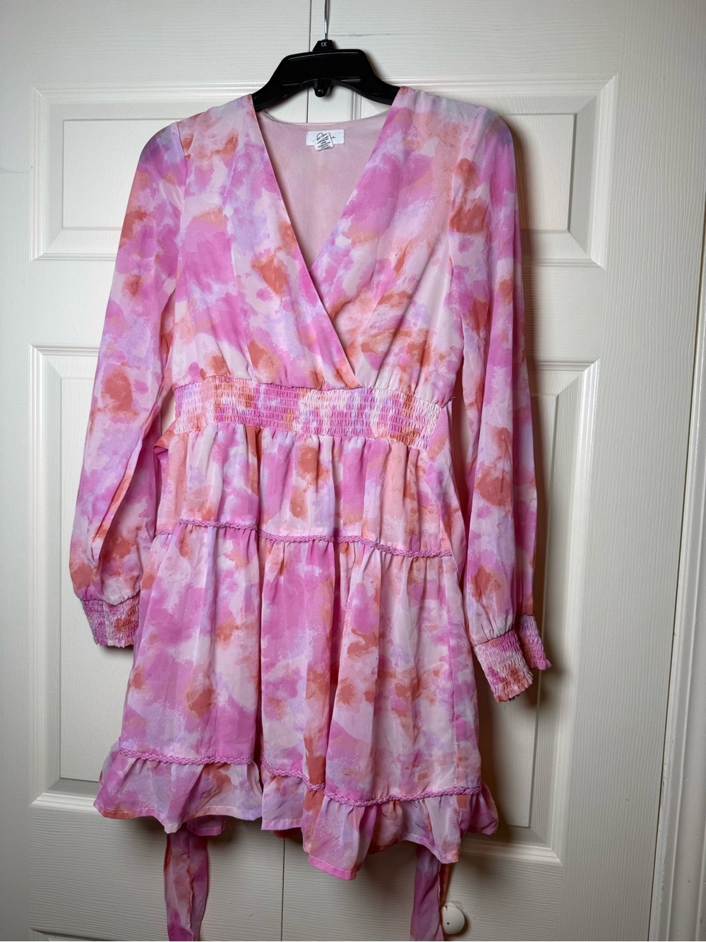 Japna watercolor print long sleeve mini dress tiered skirt and smocked waist